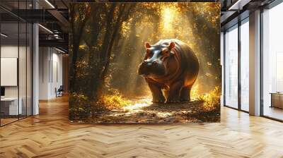 A dwarf hippo strolling along a path in a dense forest, with sunlight filtering through the canopy Wall mural