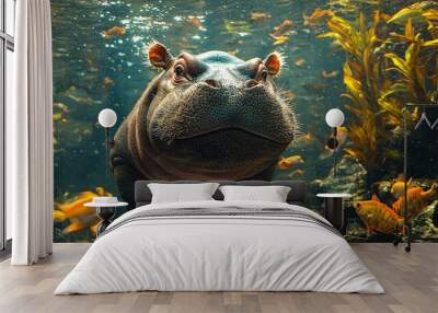 A dwarf hippo underwater, swimming gracefully with fish and aquatic plants around it Wall mural