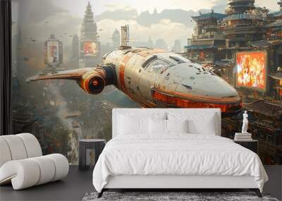 A flying car hovering above a bustling urban landscape, with holographic advertisements in the background. Wall mural