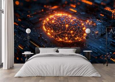 A glowing digital brain with orange light pulses, floating above a dark blue motherboard symbolizing AI neural connections Wall mural