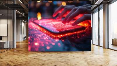 A glowing holographic financial interface surrounding a smartphone as a person makes a digital transaction. Wall mural