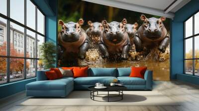 A group of dwarf hippos playing in the mud, with water splashing as they roll around Wall mural