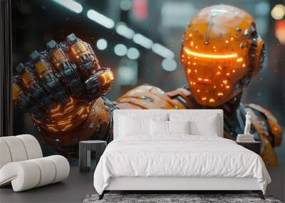 A human in battle armor with a glowing robotic arm raised in a fist, symbolizing power and defiance. Wall mural