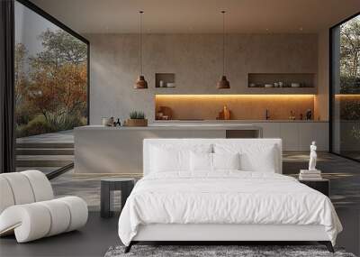 A minimalist kitchen design featuring a white island with a waterfall countertop, simple pendant lights, and minimal decor Wall mural