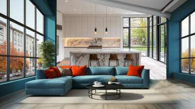 A minimalist kitchen with white cabinets, a marble island, and a large window offering natural light and outdoor views Wall mural