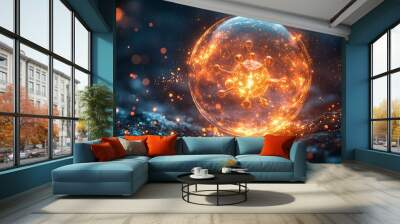 A molecular structure floating inside a glowing golden bubble, softly illuminated in a futuristic space Wall mural