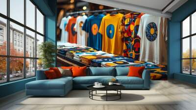 A series of t-shirts laid out on a table, each showcasing a different graphic design in vector format Wall mural