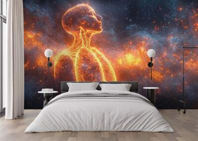 A surreal depiction of lungs floating in space, connected by glowing energy lines to stars and cosmic shapes. Wall mural