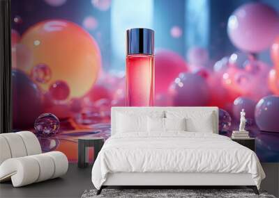 Create a studio shot of a beauty product sitting amidst translucent 3D bubbles and glowing abstract shapes Wall mural