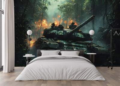 Jungle Ambush: A tank moving through a dense jungle, with thick foliage, towering trees, and vines hanging down, partially camouflaging the vehicle. Wall mural