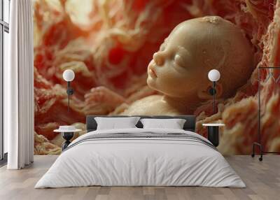 Render a 3D image of a fetus developing its senses, focusing on the eyes and vision Wall mural