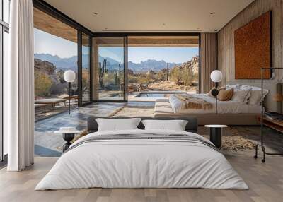 Show a contemporary desert bedroom with a private outdoor area and distant views of sandy hills Wall mural