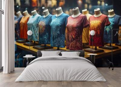 T-shirts with intricate vector designs displayed on mannequins in a vibrant, colorful layout Wall mural