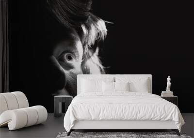 Black and white portrait  of a scared woman - panic Wall mural