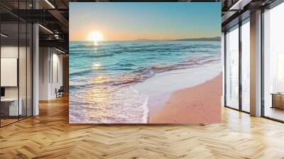 Colorful sunset viewed from the pink sea beach with soft waves Wall mural