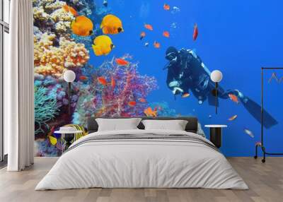 Scuba diver near beautiful coral reef surrounded with shoal of colorful coral fish and butterfly fish Wall mural