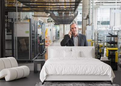 Businessman in factory shop floor talking on the phone Wall mural