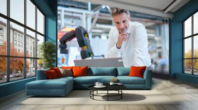 Confident businessman in a modern factory hall using laptop Wall mural