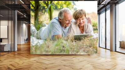 Happy senior couple with tablet lying in meadow Wall mural