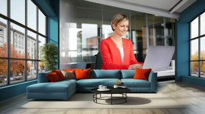 Smiling businesswoman using laptop in office Wall mural