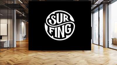 Surfing circle lettering on black Vector illustration Wall mural