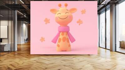 Cute Cartoon Giraffe with Pink Scarf and Flowers Wall mural