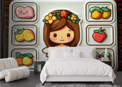 Cute Cartoon Girl with Flowers and Fruits Match Game Wall mural