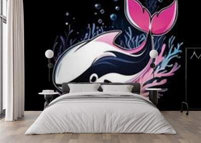 Cute Cartoon Whale with Pink Tail in Coral Reef Wall mural