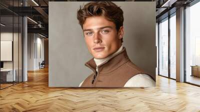 Handsome Young Man in Brown Sweater Vest Looking at Camera Wall mural