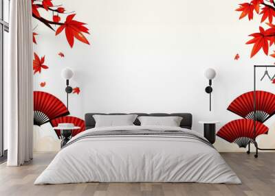 Japanese Autumn Background with Red Fans and Maple Leaves Wall mural