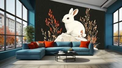 White Rabbit on a Rock with Red and Brown Plants Against a Black Background Wall mural