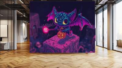 Cute Cartoon Halloween Bat with a Jack-o'-Lantern Wall mural