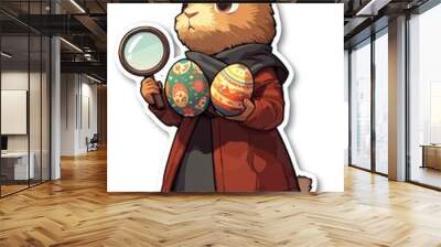 Easter Bunny Detective Holding Magnifying Glass and Eggs Wall mural