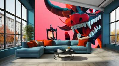 Fierce Red Dragon Holding a Lantern Wall mural