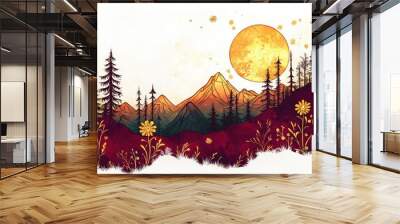 Mountain Landscape with Full Moon and Flowers Wall mural