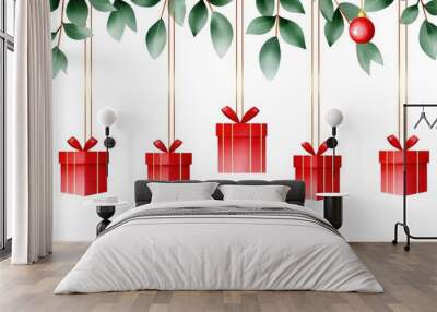 Red Gift Boxes Hanging from Green Leaves Wall mural