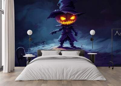 Spooky Pumpkin Character in a Graveyard Wall mural