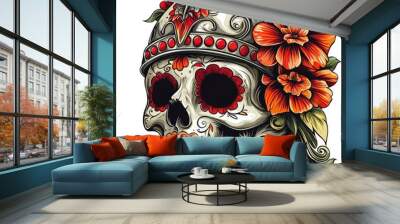 Sugar Skull with Flowers and Crown Wall mural