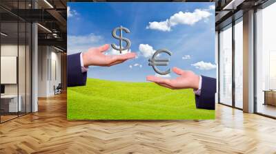 business man hand exchange dollar and euro sign Wall mural