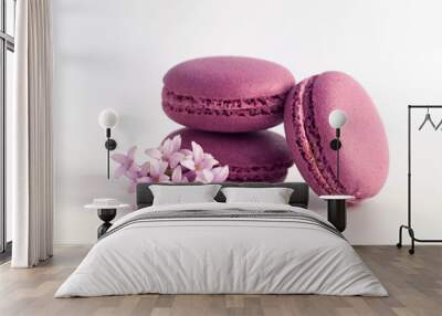 Pink macarons with a branch of lilac on white background. French dessert Wall mural