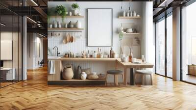 A kitchen with a table and chairs and a picture frame decoration Vibrant unique. Wall mural