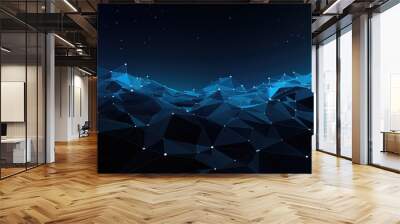 Blue abstract background with lights floating in the darkness, in the style of pointillist dots and dashes, digital gradient blends, black background, cybernetic sci-fi, futuristic chromatic waves Wall mural