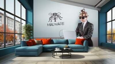 Malware concept with vintage businessman and laptop Wall mural