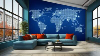 Dotted world map with curving lines or flight paths connecting highlighted cities. Blurred dark blue background in 4k resolution. Concept photo of global communications, traveling and globalisation. Wall mural