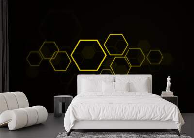 High resolution layered yellow hexagons, beehive honeycomb design art and design on black background. Wall mural