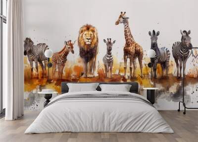 African Safari Watercolor Illustration with Baby Elephant, Lion, Zebra, Giraffe, and Hippopotamus - Set of Wild Animals Wall mural