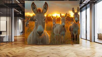 Australian Donkey Herd Grazing in Sunlit Paddock with Dark Clouds in Background Wall mural