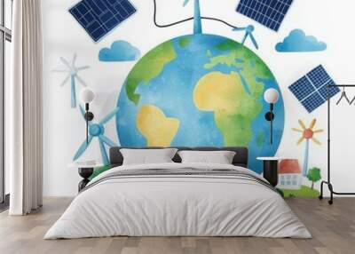 Clean Energy: Earth with Wind Turbines, Solar Panels, and Trees in Blue and Green - Vector Watercolor Illustration Wall mural