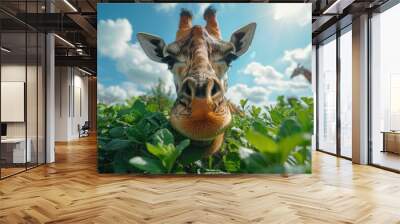 Closeup of Giraffe Head Eating Against Blue Sky - Slow Motion High Speed Full HD Footage Wall mural