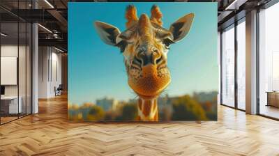 Closeup of Giraffe Head Eating Against Blue Sky - Slow Motion High Speed Full HD Footage Wall mural